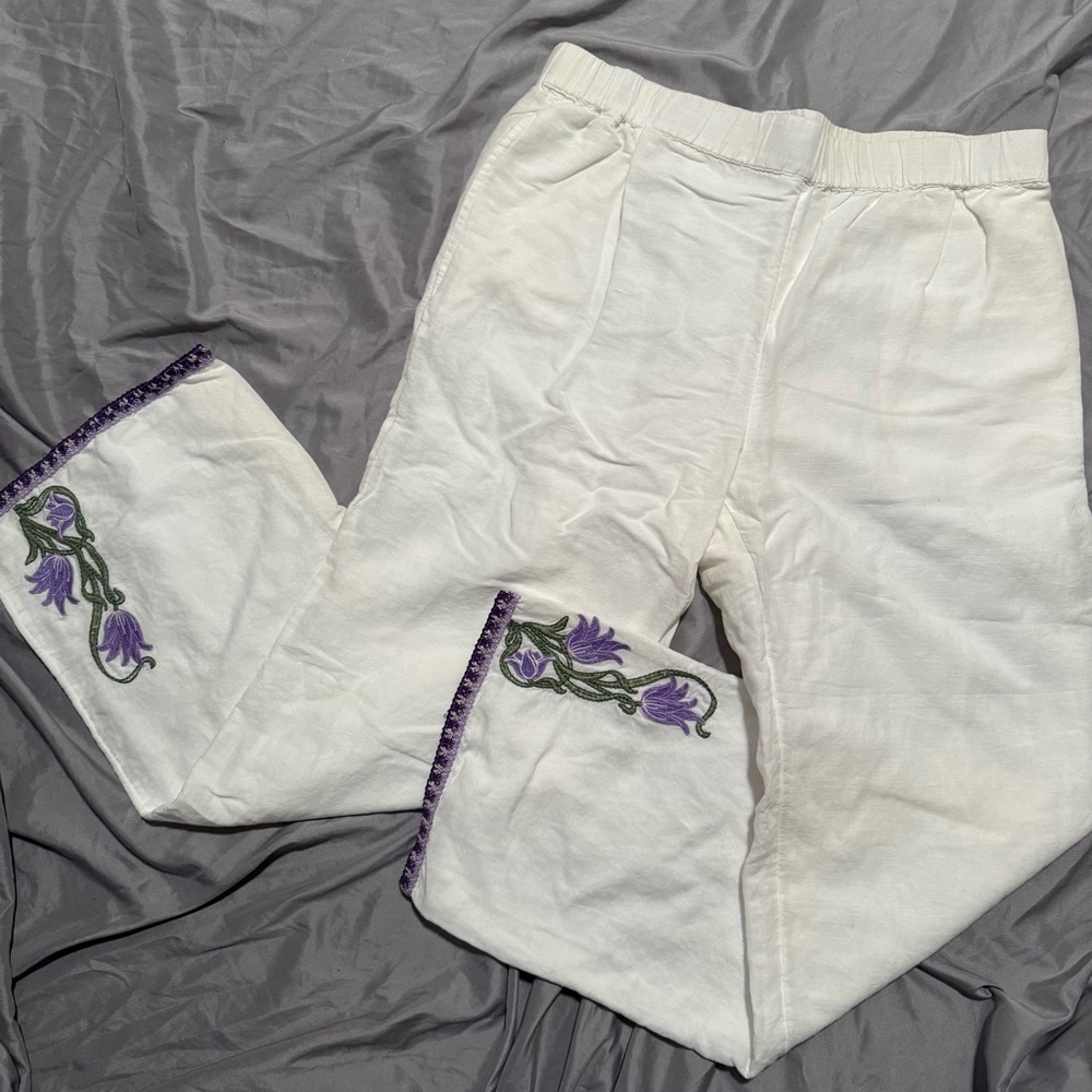 Coldwater Creek Linen Cropped Embroidered Pants SP White with Purple